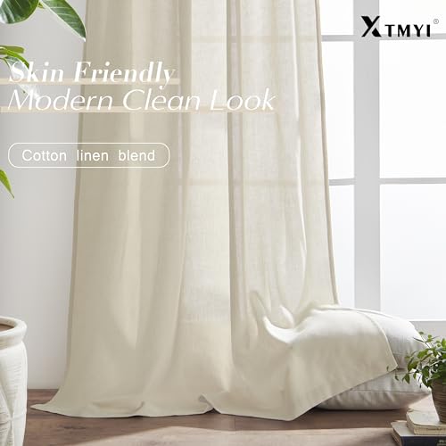 Image of XTMYI Bathroom Window Curtains Short,Linen Sheer Boho Farmhouse Kitchen Curtains 45 Inch Length,Beige