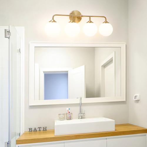 Image of Modern Brushed Brass Bathroom Light Fixtures, Elegant Gold 4-Lights Vanity Light Fixtures, Milky White Globe Glass Shade Vanity Light over Mirror, Wall Sconces for Bathroom Dressing Table Bedroom