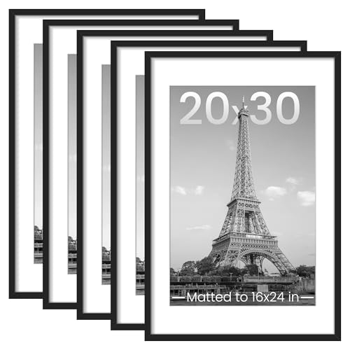 upsimples 20x30 Picture Frame Set of 5, Display Pictures 16x24 with Mat or 20x30 Without, Wall Gallery Photo Frames, Black