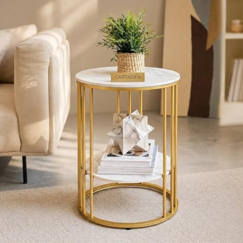 Image of CARTADEN Side Table, Small Round End Table with Lower Shelf, Nightstand for Small Spaces, Bedside Coffee Table for Living Room, Bedroom