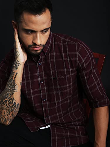 Image of THE BEAR HOUSE Men's Cotton Slim Checks Button-Down Casual Shirt |Maroon |L |TBH-Andreas-MR-L |