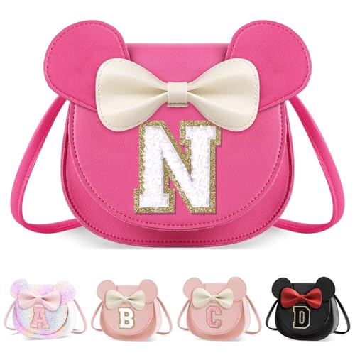 XSUIOY Toddler Purse Girl Wallet for Kids 2-9 Year Old Birthday Gifts,Cute Mouse Ear Bow Crossbody Shoulder Purses,Personalized Initial Purse Toddler Wallet Gifts for Little Girl(rosered_N)