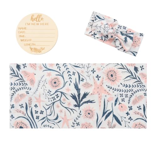 Image of Newborn Baby Swaddle Sets with Headband Blue and Pink | Baby Grils Receiving Blanket with Name Card Stretch Wrap