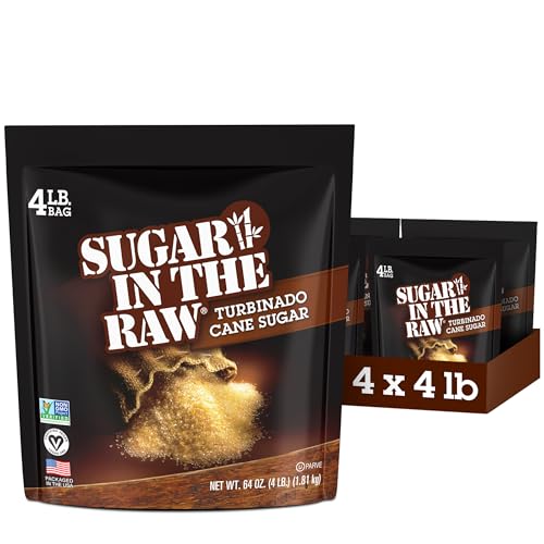 Sugar In The Raw Granulated Turbinado Cane Sugar, 4 lb Bag, 4 Pack, Pure, All-Natural Turbinado Sugar, Non-GMO Project Verified, Kosher, Vegan and Gluten Free
