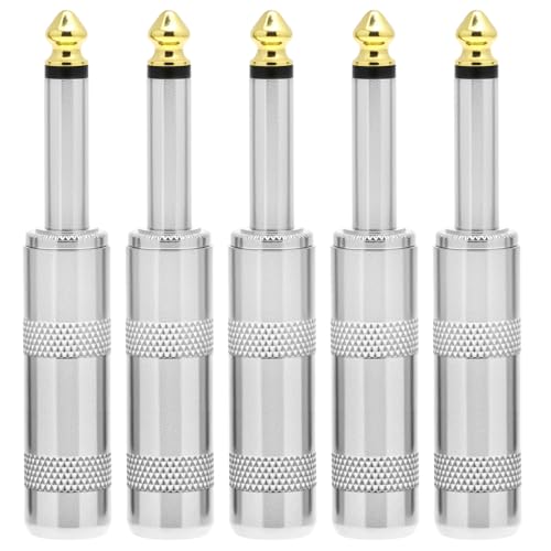 QWORK 1-4 TS Plug 6.35mm Mono Male Jack Connector, 5 Pcs Solder Type Audio Cable Repair DIY Accessory for Guitar, Speaker, Microphone
