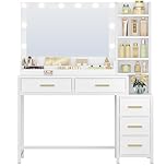 HEXCELEN 110 cm Dressing Table with Large Mirror, Vanity Desk with LED Lights, 3 Light Colors, Adjustable Brightness, Makeup Desk, 5 Drawers, Open Compartments, White, Modern