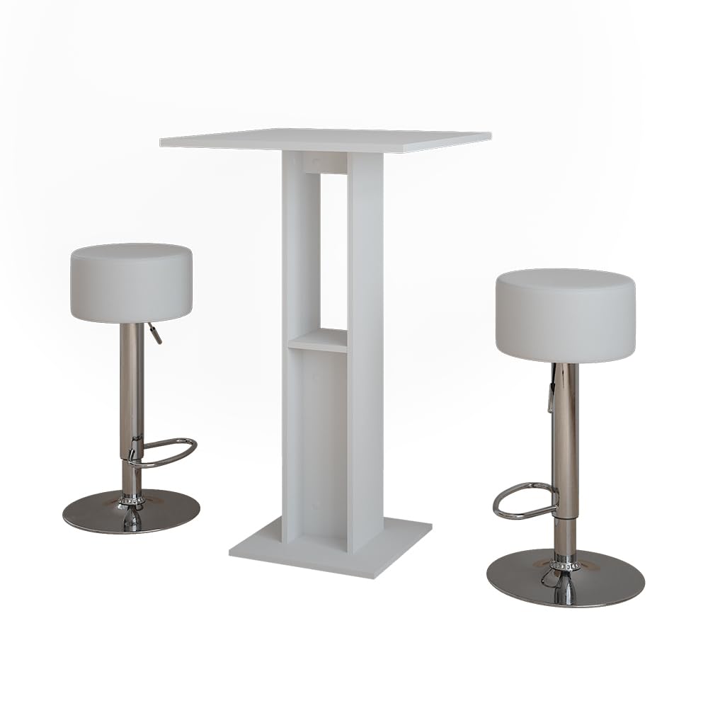 Vicco Set de Table de Bar Repose, Blanc, 65x65cm avec 2 tabourets de Bar, avec étagère latérale pour Le Rangement des Bouteilles et des Verres