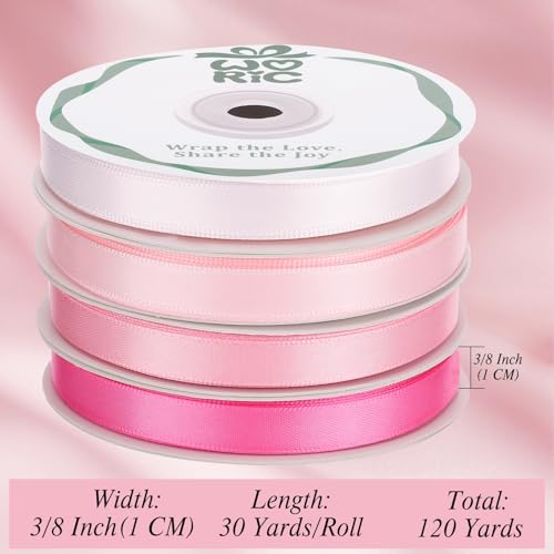 woric 120 Yards Pink Satin Ribbon 3/8 Inch x 4 Rolls (30 Yd/Roll) — view 2