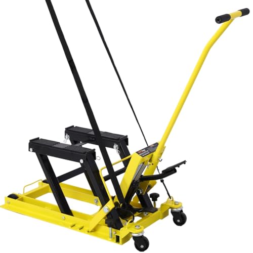 Image of Hydraulic Motorcycle Lift Jack, 1500 LBS Capacity Foot-Operated Motorcycle Lift Table, ATV Scissor Lift Jack with 4.5 inch - 15 inch Lifting Range, Portable Motorcycle Lift Table with Wheels Yellow