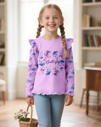 Girls Long Sleeve Ruffle T-Shirts, Basic Crewneck Everyday Tops, Soft Print Tee for Kids 3-8Y2