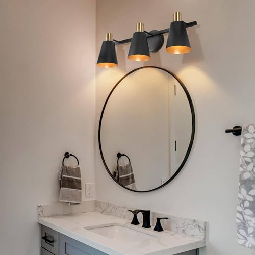 KSANA Modern Black Vanity Light, Farmhouse 3-Light Bathroom Lighting Fixture with Electroplated Brass Accents, 22”L x 7”W x 7.5”H