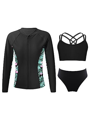 Hedmy Girls Rash Guard Three Pieces Bathing Suit Long Sleeve Swimsuit with Bikini Bottoms Quick Dry Swimwear