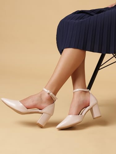 Image of Marc Loire Women's Pointed Toe Block Heel Pumps | Office & Party Shoes with Ankle Loop & Buckle Strap | Formal Footwear