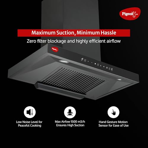 Image of Pigeon Atmos 75 cm BLDC T Shape Kitchen Chimney 1500 m3 /hr | Filterless Autoclean Kitchen Chimney | 12 Years Motor and 2 Years Comprehensive Warranty |Black | 9 Speed Touch Control + Motion Sensor