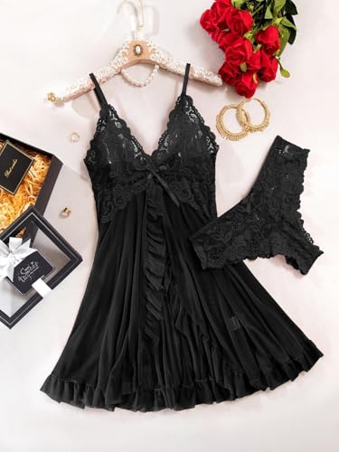 Image of Foxiny Sexy Ruffle Sheer Mesh Lace Wireless Babydoll Lingerie Dress with Thong 2 Piece