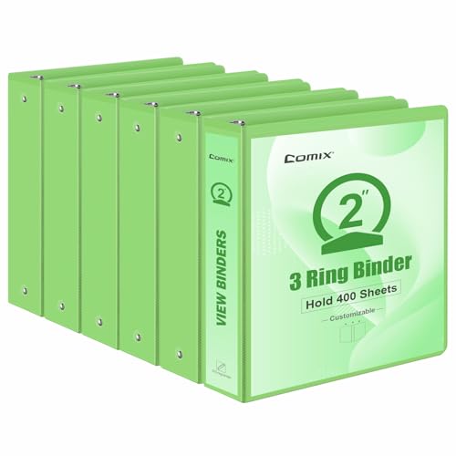 Image of COMIX Sturdy Standard 2 Inch 3 Ring Binder with Clear View Cover | 2 inchRound Ring,PVC-Free,Holds 400 Letter Sheets,Morandi Multicolor for Students & Office,6 Pack (Light Green)