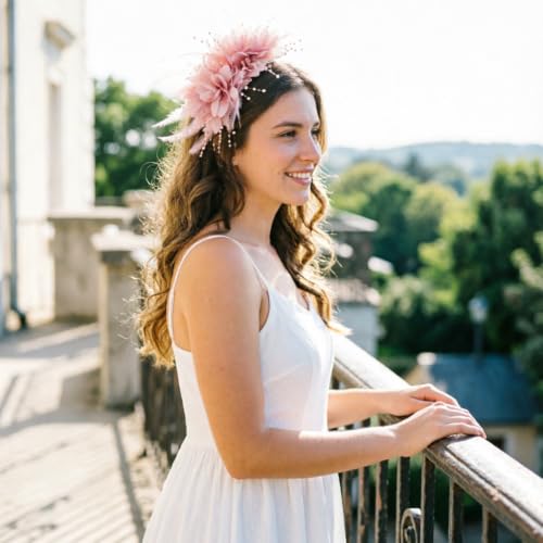 Image of DRESHOW Womens Fascinators Hats Tea Party Hats for Women Pearl Lace Feather Hat Vintage Derby Hats for Wedding Cocktail
