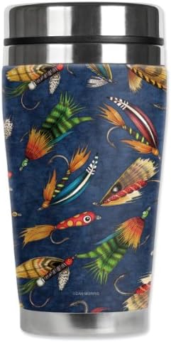 Mugzie Fly Fishing Lures Travel Mug with Insulated Wetsuit Cover, 16 oz, Black