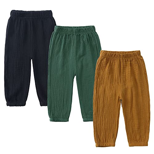 MYGBCPJS Baby Boys Girls 3 Pack Cotton Linen Long Bloomers Ankle Length Trousers Kids Lightweight Elastic Waist Harem Pants