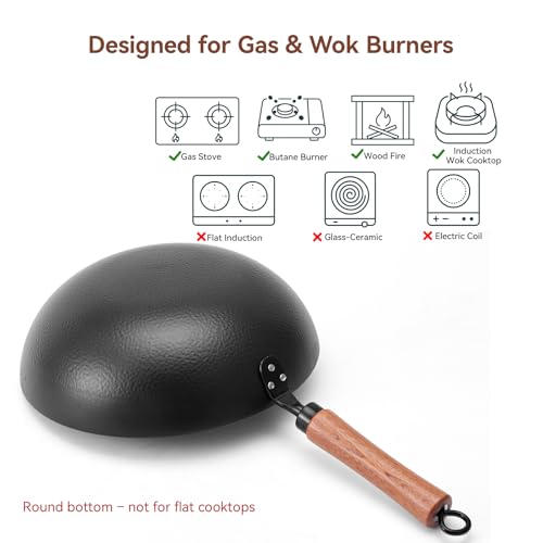 Image of WANGYUANJI 11 Inch Round Bottom Iron Wok, Hand-Hammered Uncoated Wok with Wooden Handle, Traditional Stir-Fry Pan for Gas Stove or Wok Ring, Not for Flat Cooktops