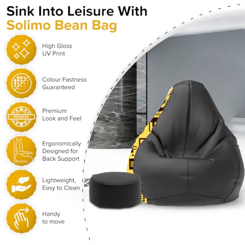 Image of Amazon Brand - Solimo Premium Faux Leather Bean Bag Combo with Footrest & Cushion, Filled with Beans | Capacity: Upto 6 Ft 3 in Height, 120 KG Weight | 3XL | Music | Black