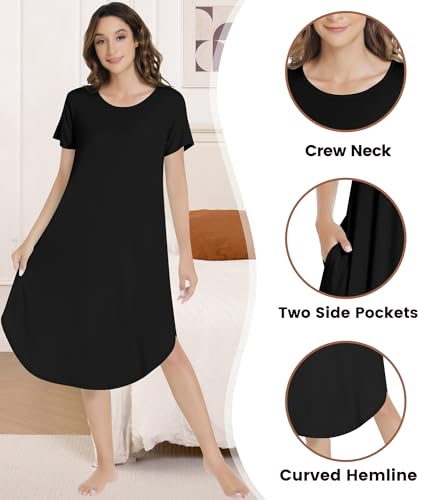 Image of NACHILA Nightgowns for Women-Viscose Made from Bamboo, Short Sleeve Nightshirts Cool Sleep Dress Long Sleep Shirt