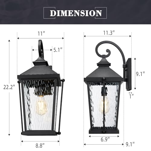 Image of zeyu 22 Inch Outdoor Wall Lamp, 1-Light Large Outdoor Wall Lighting for House Porch, Die-Cast Aluminum in Black Finish, Water Ripple Glass, ZW105B-M BK-SW