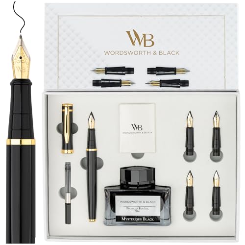Image of Wordsworth & Black Fountain Pen Gift Set, Includes Ink Bottle, 6 Ink Cartridges, Ink Refill Converter, 4 Replacement Nibs, Premium Package, Journaling, Calligraphy, Smooth Writing Pens [Black Gold]