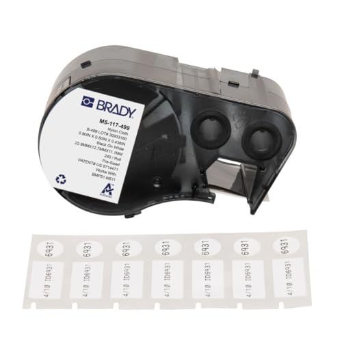 Image of Brady Authentic (M5-117-499) Aggressive Adhesive Multi-Purpose Nylon Labels 0.5 x 0.9 x 0.44 Dia Black on White, 240 Labels. for use with the BMP51 and M511 Label Printers