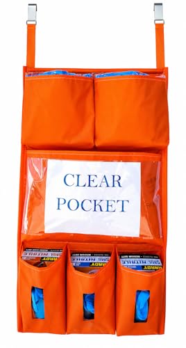 Image of It's Sew EZ Personal Protection Equipment (PPE) Isolation Door Caddy - 6 Pockets - NFPA-701 Fire Retardant Nylon Oxford with Two Stainless Steel Hooks included (Orange, 6 pockets)
