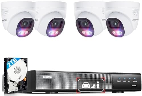 LongPlus Smart 4K 8CH Home Security Camera System, 4Pcs Wired PoE IP Cameras System Outdoor with Person/Pet/Vehicle Detection, 12MP 8CH NVR with 2TB HDD for 24-7 Recording, LP8ME84D1