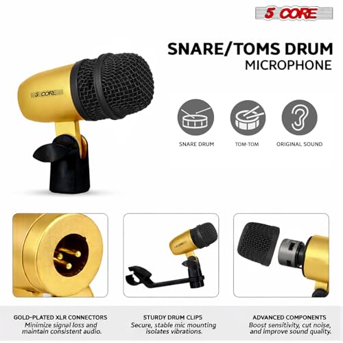 Image of 5 CORE 7 Piece Drum Microphone Set with 5 Dynamic Percussion Microphones Kick Bass, Tom /Snare and 2 Condenser Cymbals Metal Mics Complete with Thread Clip Mics Holder