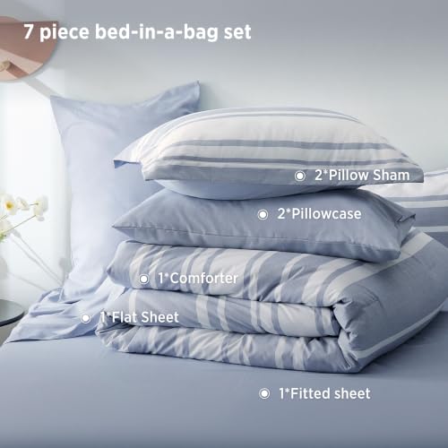 Bedsure Blue Comforter Set, Queen Size Bedding Set, Striped 7 Piece | Bed in a Bag, Bedroom, Plaid, Nautical, Cationic Dyeing, Gift Choice, Whisper-Quiet, OEKO - image 2