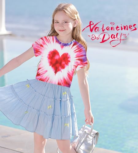 Image of Tkria Girl Crop Tops Valentine Short Sleeve Tshirt Tie Dye Heart Teen Girls Shirt Clothes 6-14 Years