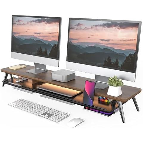 Fenge Dual Monitor Stand, Monitor Stands Riser for 2 Monitors, 42.5 Inch Monitor Stands Shelf with 12 Color LED Light for Office Desk Accessories (Walnut, 42.5 Inch&RGB LED) Cover