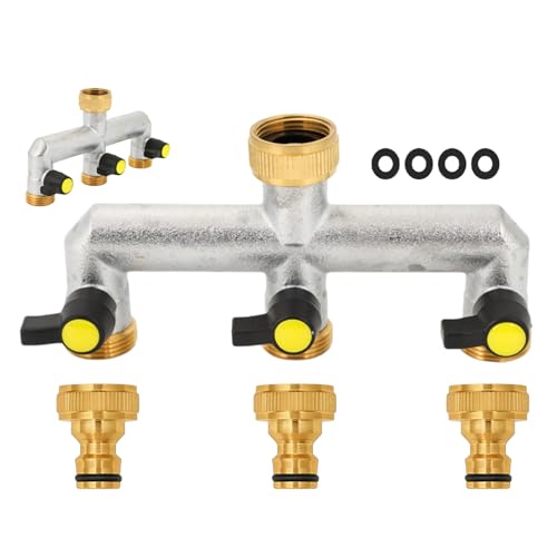 Wasserverteiler 3fach, 3/4 Zoll Messing Wasseranschluss Verteiler mit Individuellem Absperrhähnen, 3-Wege Wasserhahn Wasserverteiler, Hahnanschluss für Haus, Hof, Waschmaschine, Gartenschläuche