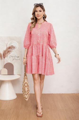 Image of utcoco Women's 2026 Spring Summer Plaid Shirt Dress 3 /4 Puff Sleeve Button Down Loose Casual Midi Dress with Pockets