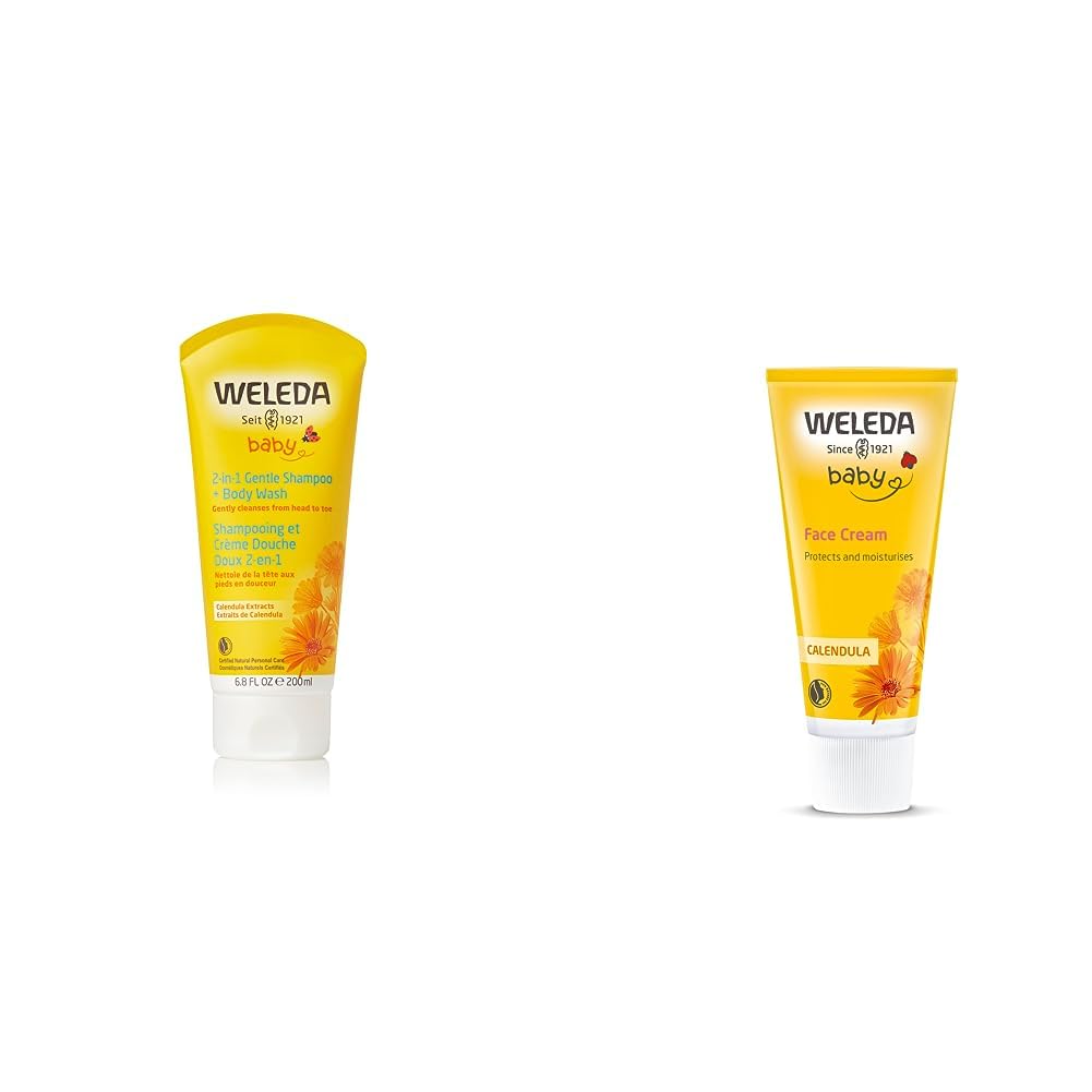 Champú para cabello y cuerpo Weleda Calendula Baby, 200 ml (el envase puede variar) & Crema Facial de Caléndula (1x 50 ml)