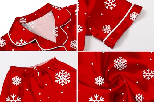 Image of Umeyda Women & Girls Pajamas Set, 2 Piece PJS Satin Silk Sleepwear Button-Down Top with Shorts for Mom Kids Gifts