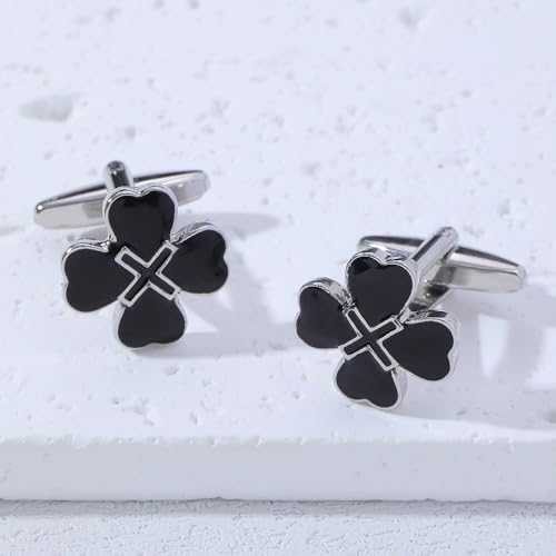 Mancuernillas con trébol esmaltado para hombre plateadas miniatura 4