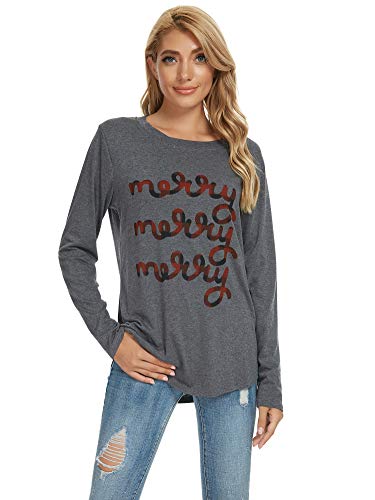 Women's Buffalo Plaid Tees Casual Long Sleeve Merry Letter Printed Graphic Blouse Tops T Shirt(Christmas Merry-4145 L)