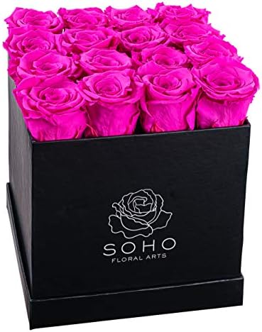 SOHO FLORAL ARTS New Roses Preserved Flowers | Genuine Roses That Lasts for Years | Flowers for Delivery | Large/XL Box (Black Box Radiant Pink 16ct)