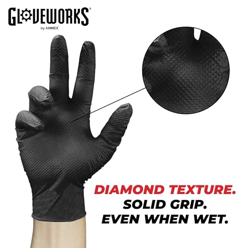 GLOVEWORKS Black Nitrile Gloves 6 Mil, Disposable, Raised Diamond Texture, Latex Free, Food Safe, Industrial Mechanic Glove