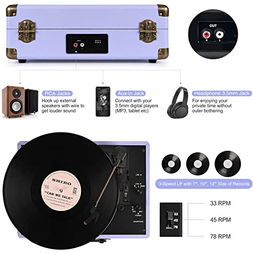 Image of Vinyl Record Player 3-Speed Bluetooth Suitcase Portable Belt-Driven Record Player with Built-in Speakers RCA Line Out AUX in Headphone Jack Vintage Turntable Purple