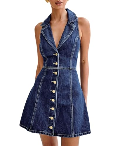 Damen Vintage Neckholder Button-Down Kurzes Jeanskleid Revers V-Ausschnitt A-Linie Jeans Minikleid