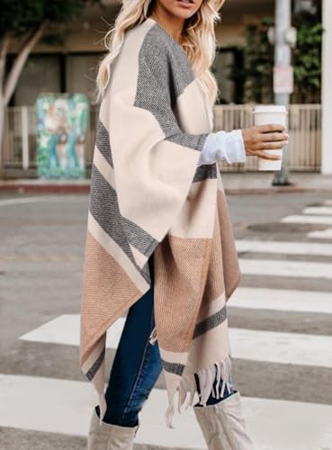 Image of Bestshe Women's Boho Open Front Poncho Plaid Shawl Wrap Cape | Tassel Cardigan Sweater, Cozy Layering, Fall Winter Clothes for Women