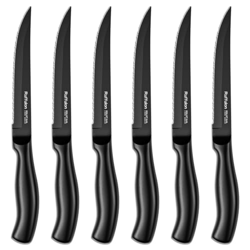 Ruffulon Vollständig Edelstahl Steakmesser Set,6 teilig,Steak Messer Set mit Wellenschliff,Robuster Kunststoffgriff Steakbesteck...