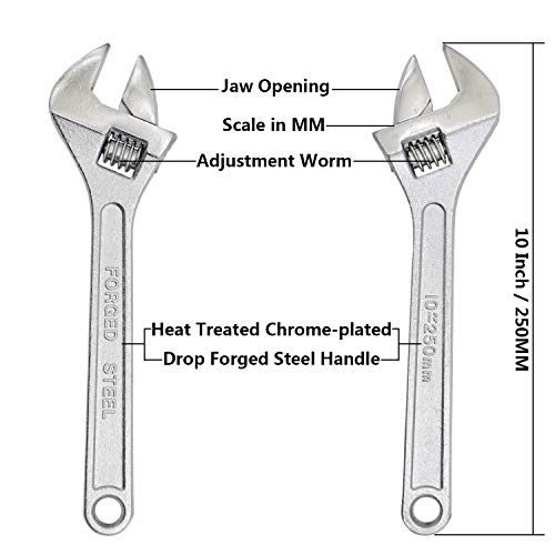 Image of Dr.Luck 10 Inch Sliver Adjustable Wrench, Drop Forged Steel Heat Treated Chrome-plated, Garage DIY Tool