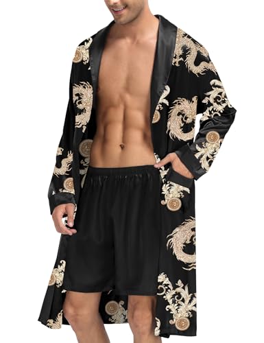 SWOMOG Men's Satin Robe with Shorts Set Silky Kimono Bathrobe Lightweight Soft Sleepwear3