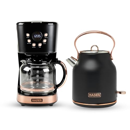 HADEN Heritage 1.7 Liter Stainless Steel Electric Kettle Bundled with 12 Cup Drip Coffee Maker, Coffee Machine with Auto Shut-Off, Black & Copper